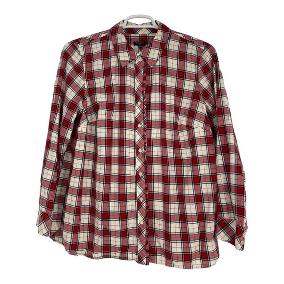 Talbots Red & White Plaid Button Shirt Shimmer Holiday Ruffle Trim Size 1X - Picture 1 of 8